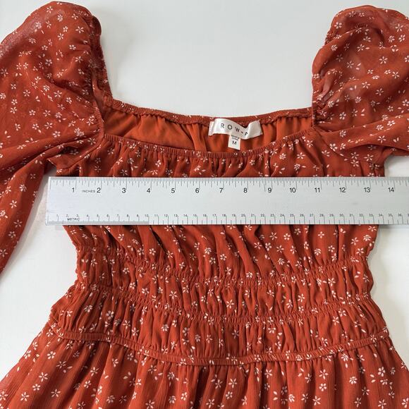 Row A Rust Orange Floral Prairiecore Puff Sleeve Smocked‎ Mini Dress Size M - Picture 8 of 11